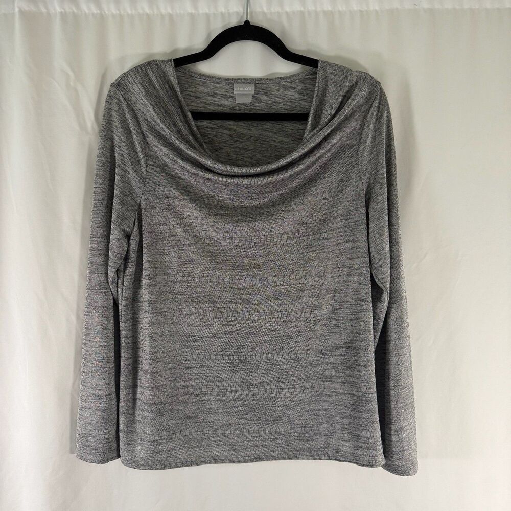 New Chico's Blouse Womens 1 Medium Heathered Grey Metallic Mock Neck Long Sleeve